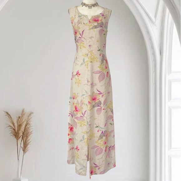 Liz Claiborne Vintage Tan Cream Pastel Flower Boho Floral Linen Midi Maxi Dress - Picture 1 of 8